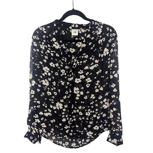 Cabi Blouse Womens Small Sheer Dark Floral Black White Pink Long Sleeve V-Neck - Picture 9 of 9
